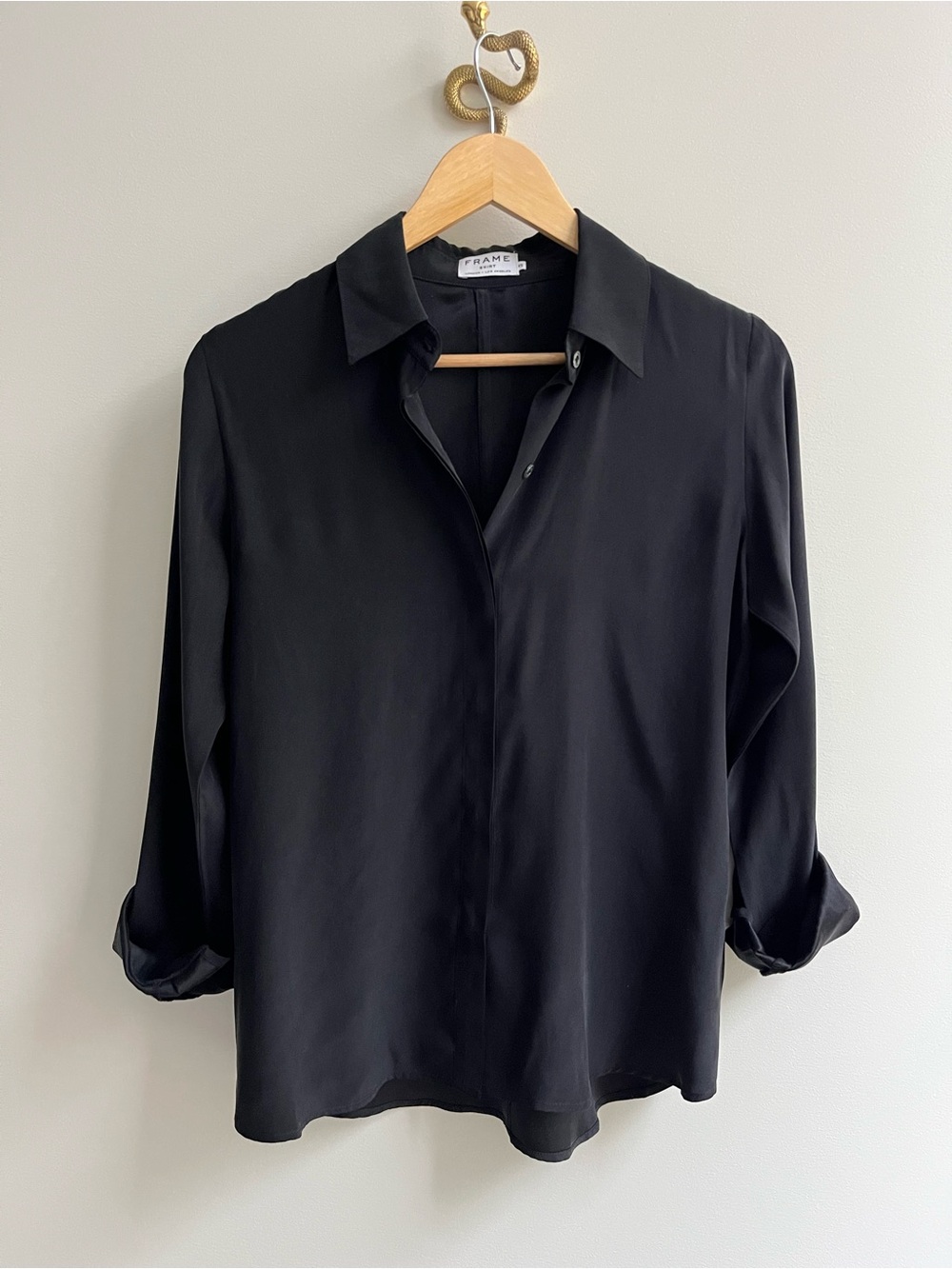 Frame Matte Black 100% Silk Charmeuse Button Down Collared Shirt XS